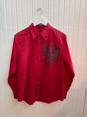 El General Red Casual Button-Down Shirt with Studded Chest Design